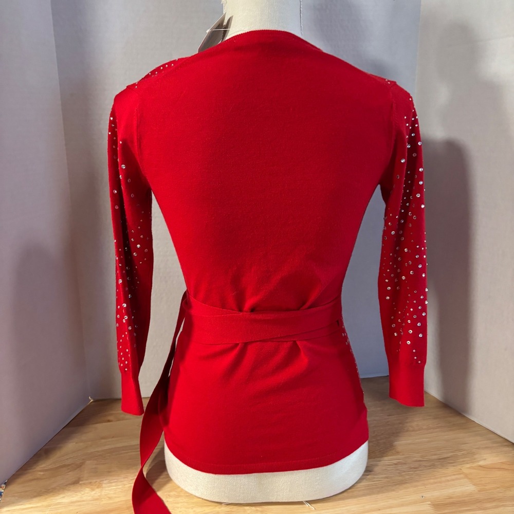 BOSTON PROPER Red Embellished Wrap Cardigan Sweater XXS Sparkle Tie Waist New - Picture 3 of 11